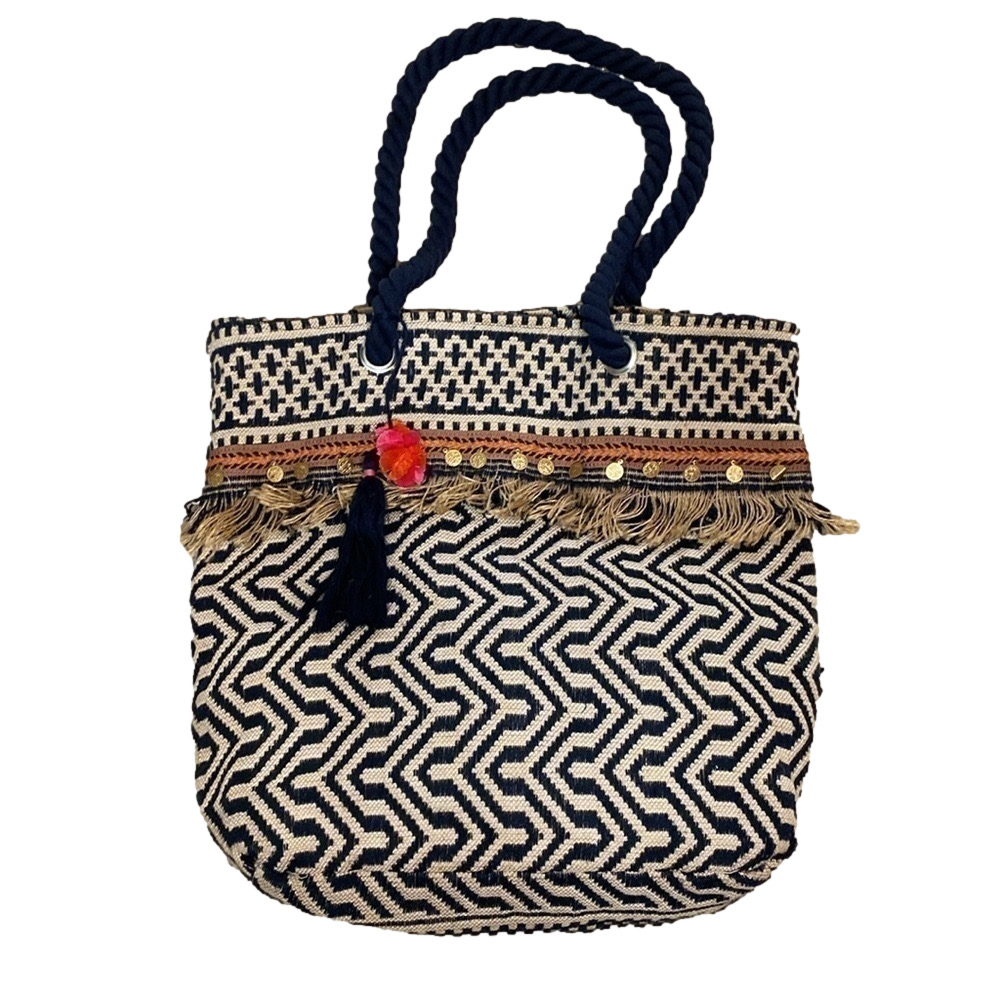 C&C California Geometric Fringe Jute Tote Beach Bag‎
